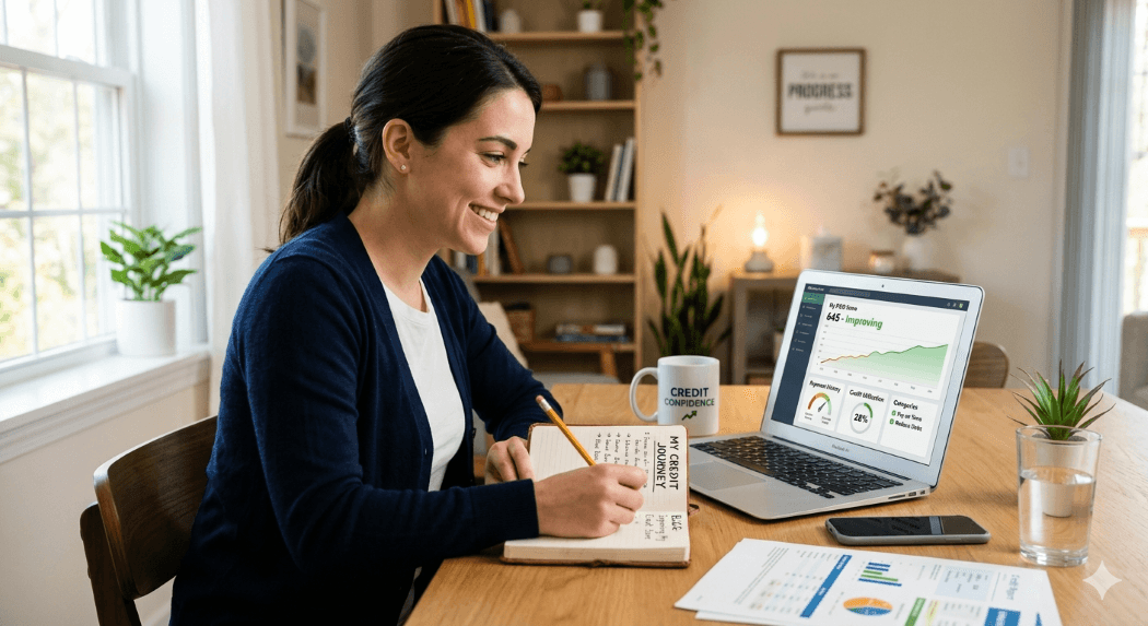A woman smiling while sitting at a wooden desk, writing in a notebook next to a laptop displaying an upward-trending credit score graph. The screen shows the word "Improving" next to a score of 645. A coffee mug that reads "Credit Confidence" and printed financial charts are also on the table in a bright, modern room.