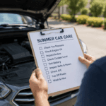 A person holds a clipboard with a "Summer Car Care" checklist while inspecting a vehicle with the hood open on a sunny day, highlighting routine summer vehicle maintenance.