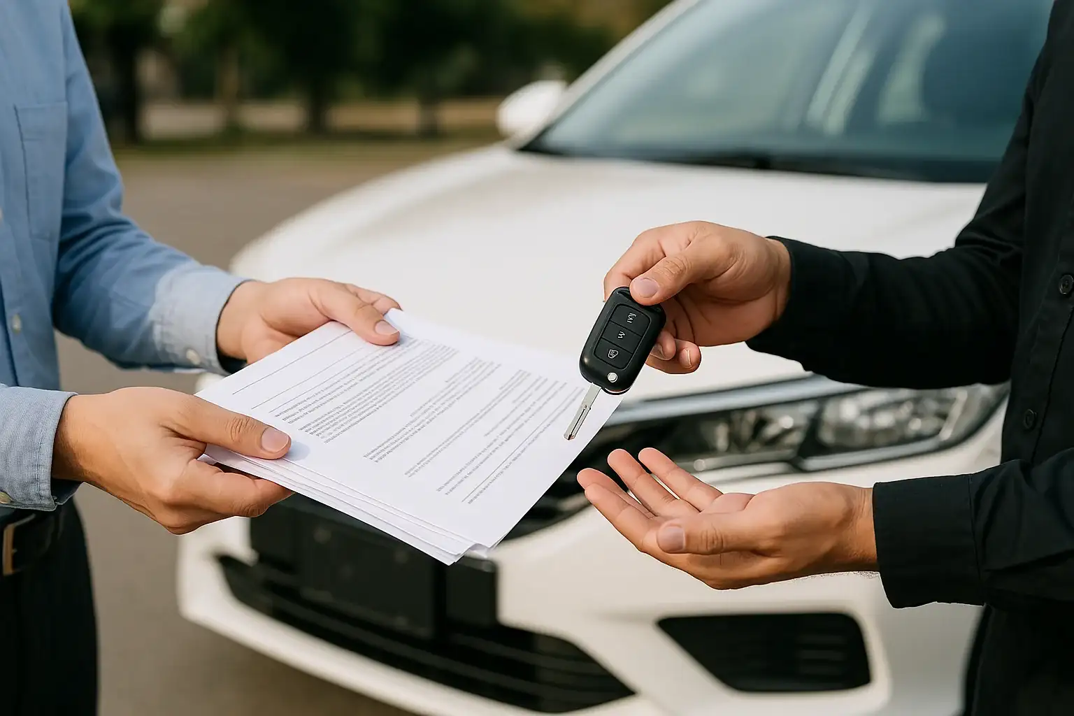 Customer receiving car keys with paperwork – used car dealership with in-house financing for buyers with bad credit.