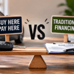 Side-by-side comparison image illustrating Buy Here Pay Here and Traditional Financing options for car buyers. Two model cars sit on a desk beside a car key fob, with labeled panels highlighting the features of each financing method. The Buy Here Pay Here section emphasizes in-house financing and flexible credit requirements, while the Traditional Financing section highlights bank-backed loans, lower interest rates, and more financing options. The background is softly blurred, creating a clean, professional automotive finance theme.