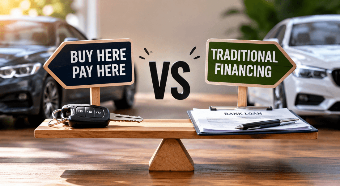 Side-by-side comparison image illustrating Buy Here Pay Here and Traditional Financing options for car buyers. Two model cars sit on a desk beside a car key fob, with labeled panels highlighting the features of each financing method. The Buy Here Pay Here section emphasizes in-house financing and flexible credit requirements, while the Traditional Financing section highlights bank-backed loans, lower interest rates, and more financing options. The background is softly blurred, creating a clean, professional automotive finance theme.