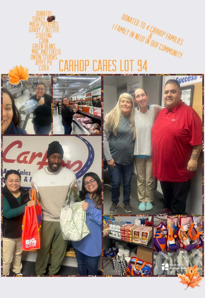 Customers of CarHop of Kennewick holding their Thanksgiving baskets, filled with turkey, mashed potatoes, gravy, stuffing, apple pie, and other holiday meal essentials.