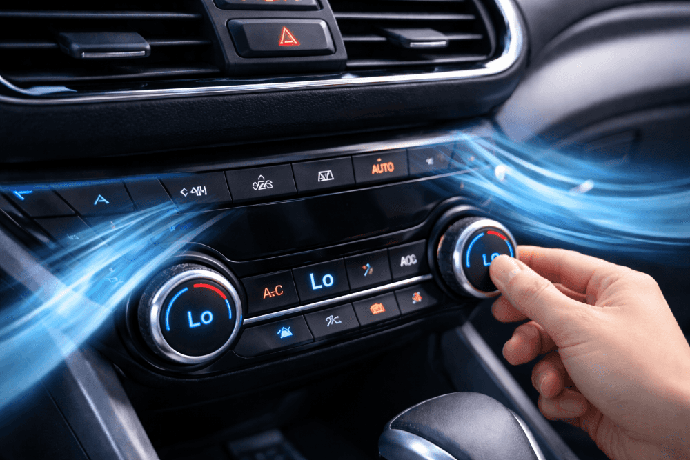 car climate control with a hand changing the tempature
