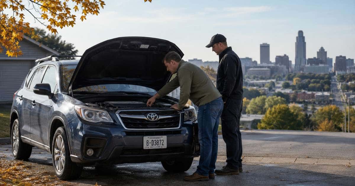 Omaha driver performing seasonal maintenance on a dependable used vehicle