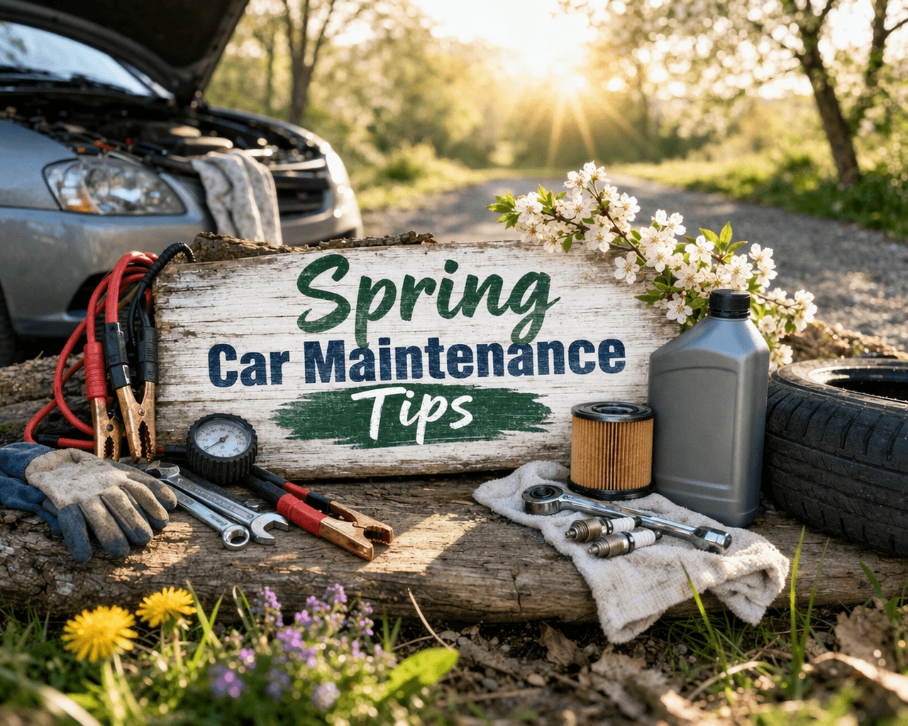 board with the words "spring car maintenance tip" written on it sitting in front of a car