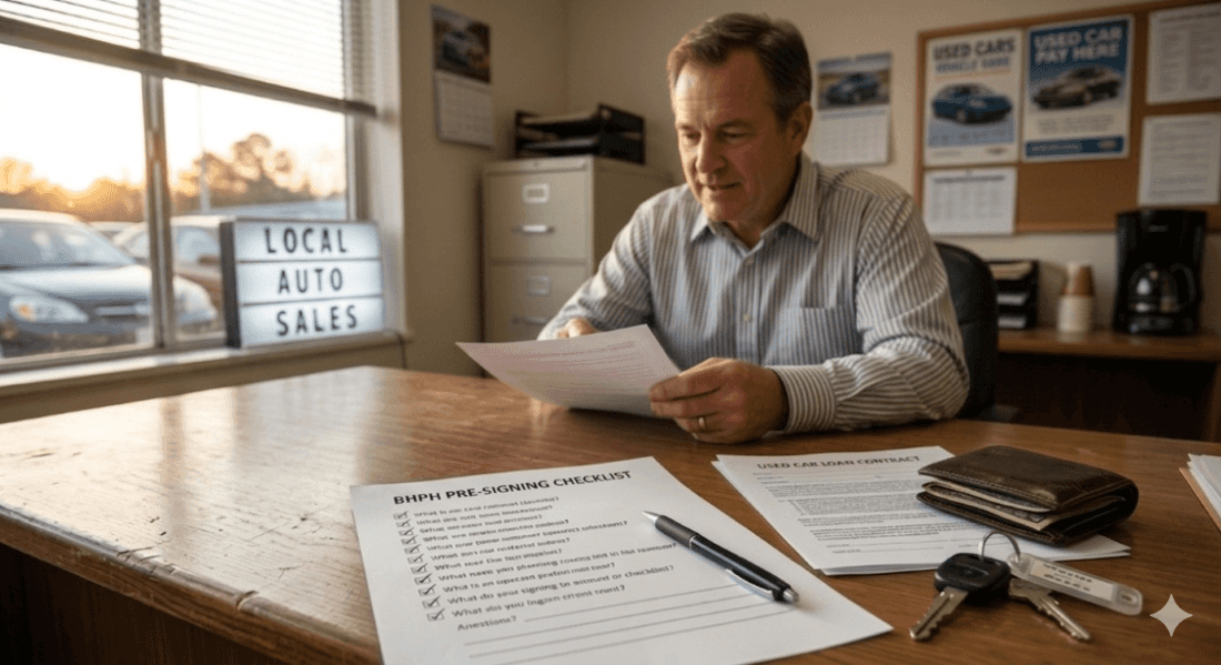 A middle-aged car salesman sits at a desk in a local auto dealership, reviewing paperwork under a warm sunset glow. In the foreground, a "BHPH PRE-SIGNING CHECKLIST" document sits on the wooden desk alongside a car loan contract, a pen, a wallet with cash, and a set of car keys. In the background, a retro lightbox sign reads "LOCAL AUTO SALES" next to a window overlooking a car lot.