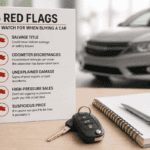 Car keys, notebook, calculator, and a used car in the background representing important factors to consider before buying a vehicle.