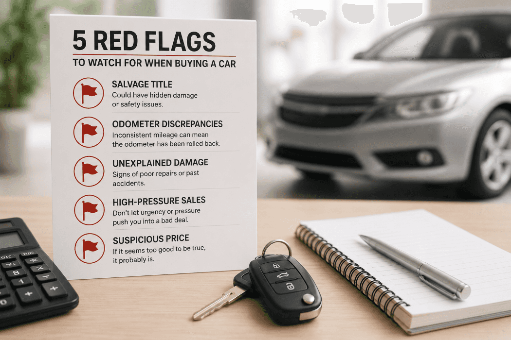 Car keys, notebook, calculator, and a used car in the background representing important factors to consider before buying a vehicle.