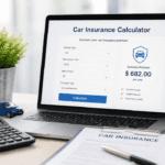 Laptop displaying a car insurance calculator next to a calculator, model car, and insurance paperwork on a modern office desk.