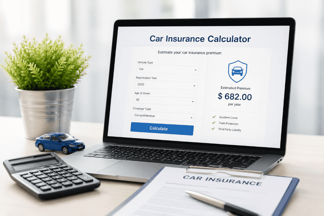 Laptop displaying a car insurance calculator next to a calculator, model car, and insurance paperwork on a modern office desk.
