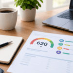 Close-up of a desk with a credit score report showing a score of 620 on a color-coded gauge, next to a laptop, calculator, notebook, pen, coffee mug, and small potted plant