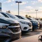 Row of used cars for sale at an outdoor dealership lot at sunset, with a car key fob resting on a wooden surface in the foreground.