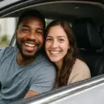 Smiling couple in their new used car after purchase at CarHop – buy here, pay here dealership helping drivers with no or bad credit