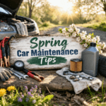 board with the words "spring car maintenance tip" written on it sitting in front of a car
