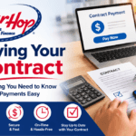 CarHop Auto Sales & Finance blog graphic about paying your contract. The image shows the CarHop logo beside large text reading ‘Paying Your Contract’ with the subtitle ‘Everything You Need to Know to Make Payments Easy.’ On the right, a person signs a contract at a desk with a laptop displaying an online payment screen, alongside a calculator and smartphone. Icons at the bottom highlight simple payment options, secure payments, on-time payments, and staying up to date with your contract.