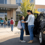 Parent dropping off a smiling child at the entrance of a school from an SUV during the morning drop-off rush, with other students walking toward the building carrying backpacks on a bright, sunny day.