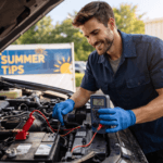 A mechanic wearing gloves checks a car battery under an open hood using a digital multimeter. He smiles as he works in a sunny outdoor setting, with a “Summer Tips” sign visible in the background, suggesting seasonal vehicle maintenance.