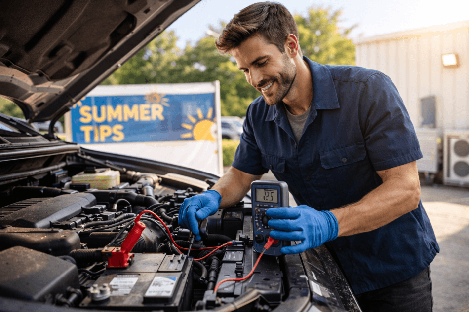 A mechanic wearing gloves checks a car battery under an open hood using a digital multimeter. He smiles as he works in a sunny outdoor setting, with a “Summer Tips” sign visible in the background, suggesting seasonal vehicle maintenance.