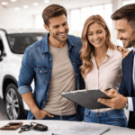 couple buying car in dealership