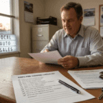 A middle-aged car salesman sits at a desk in a local auto dealership, reviewing paperwork under a warm sunset glow. In the foreground, a "BHPH PRE-SIGNING CHECKLIST" document sits on the wooden desk alongside a car loan contract, a pen, a wallet with cash, and a set of car keys. In the background, a retro lightbox sign reads "LOCAL AUTO SALES" next to a window overlooking a car lot.