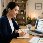 A woman smiling while sitting at a wooden desk, writing in a notebook next to a laptop displaying an upward-trending credit score graph. The screen shows the word "Improving" next to a score of 645. A coffee mug that reads "Credit Confidence" and printed financial charts are also on the table in a bright, modern room.