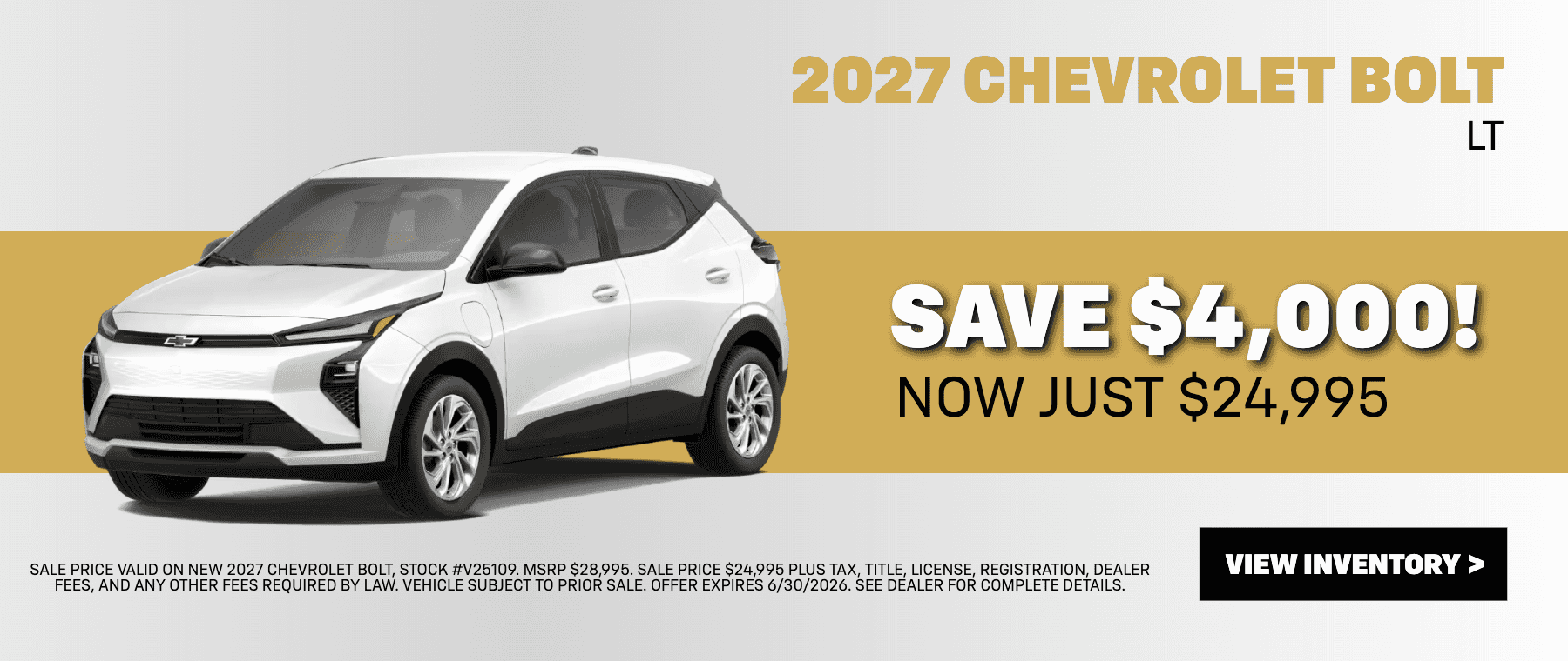 Save $4,000 on a New 2027 Chevrolet Bolt - Now Just $24,995