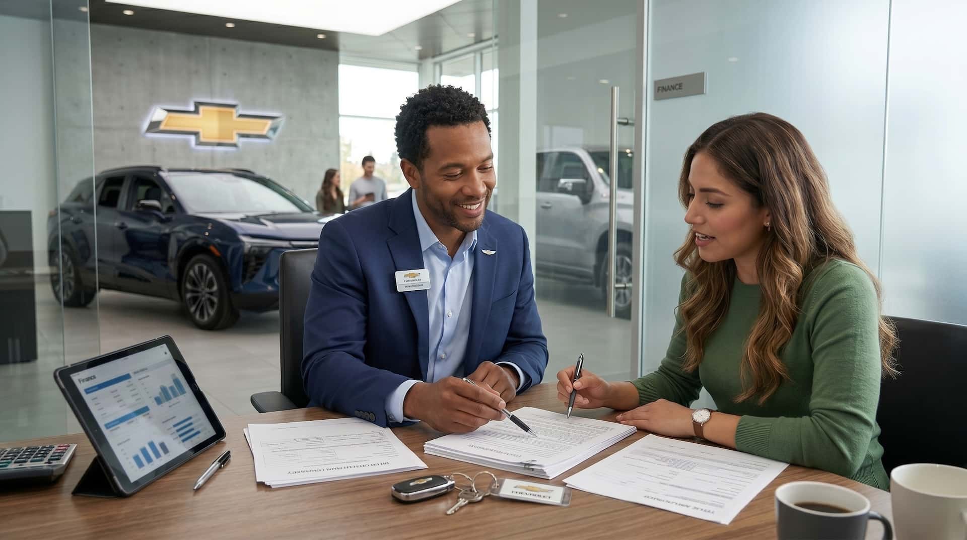 Customer reviewing Chevrolet financing paperwork at a dealership