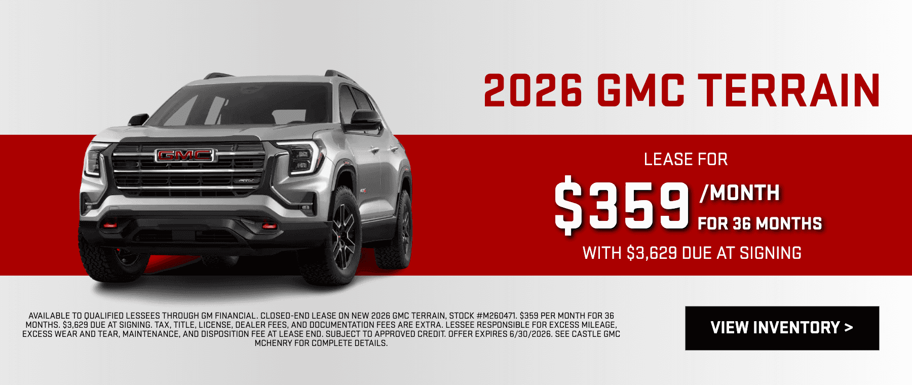 Lease a New 2026 GMC Terrain for $359/Month for 36 Months with $3,629 Due at Signing