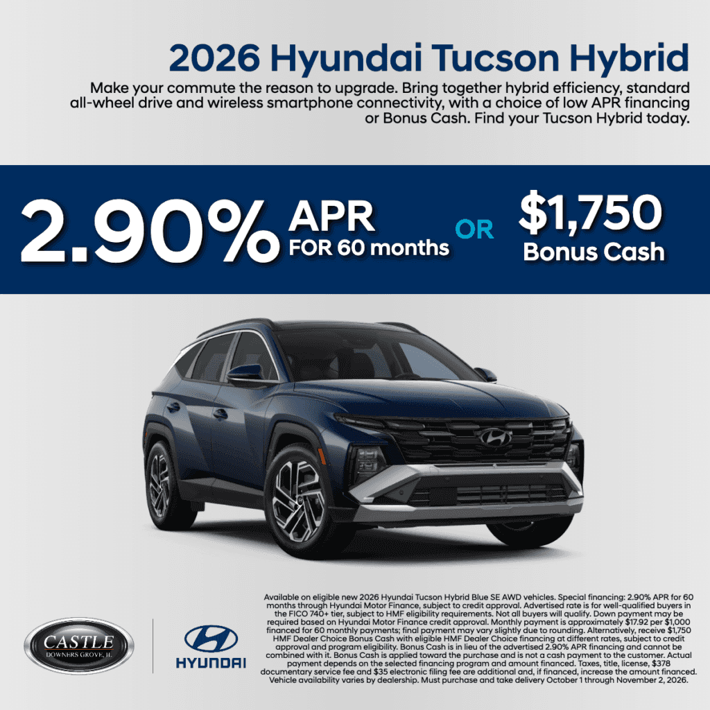 Get 2.90% APR for 60 months OR $1,750 HMF Dealer Choice Bonus Cash on a new 2026 Hyundai Tucson Hybrid.