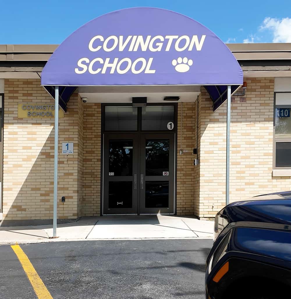 Exterior entrance of Covington Elementary School in Oak Lawn, Illinois