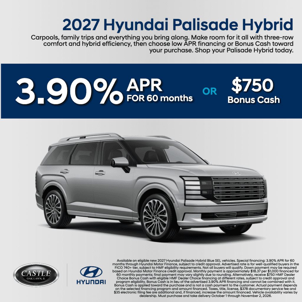 Get 3.90% APR for 60 months OR $750 HMF Dealer Choice Bonus Cash on a new 2027 Hyundai Palisade Hybrid.