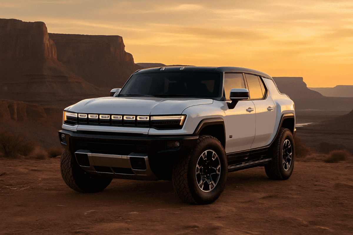 Front view of a white GMC HUMMER EV SUV parked on rocky terrain at sunset near Castle Rock Chevrolet GMC, with canyon cliffs in the background.
