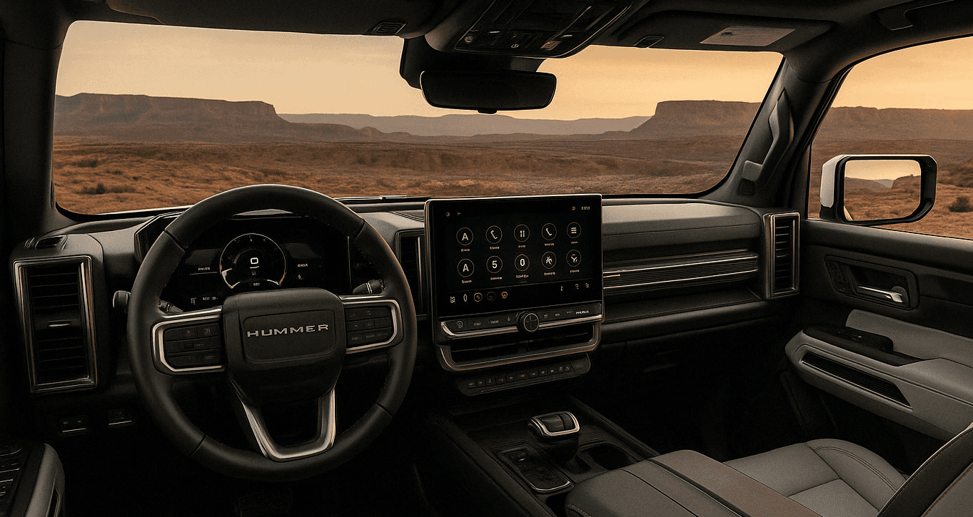 Interior view of a GMC HUMMER EV SUV showing the steering wheel with HUMMER branding, a digital display, and a large infotainment screen against a canyon backdrop.