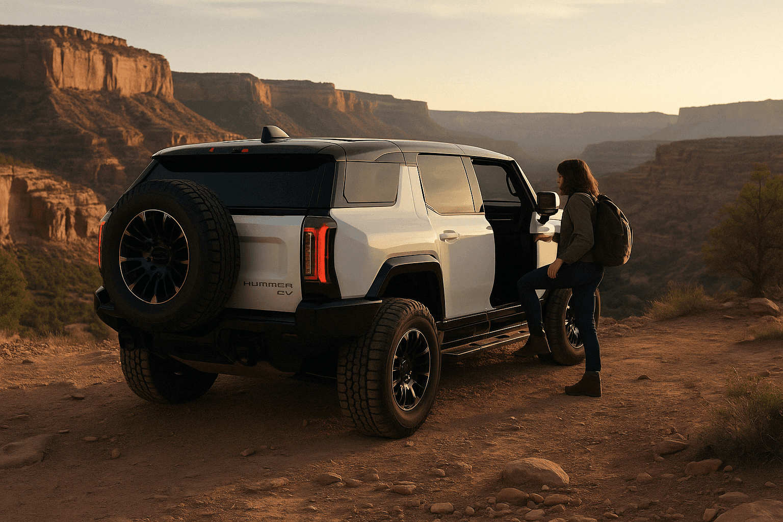 White GMC HUMMER EV SUV parked on a canyon trail at sunset with a woman entering the vehicle.
