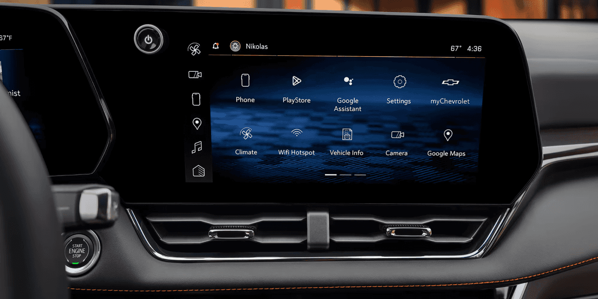 "Close-up of the 2026 Chevrolet Equinox touchscreen infotainment system showing apps like Google Assistant, Play Store, myChevrolet, and Google Maps.
