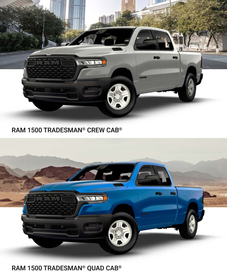 Ram 1500 Tradesman Crew Cab in Silver Compared to the Ram 1500 Tradesman Quad Cab in Blue