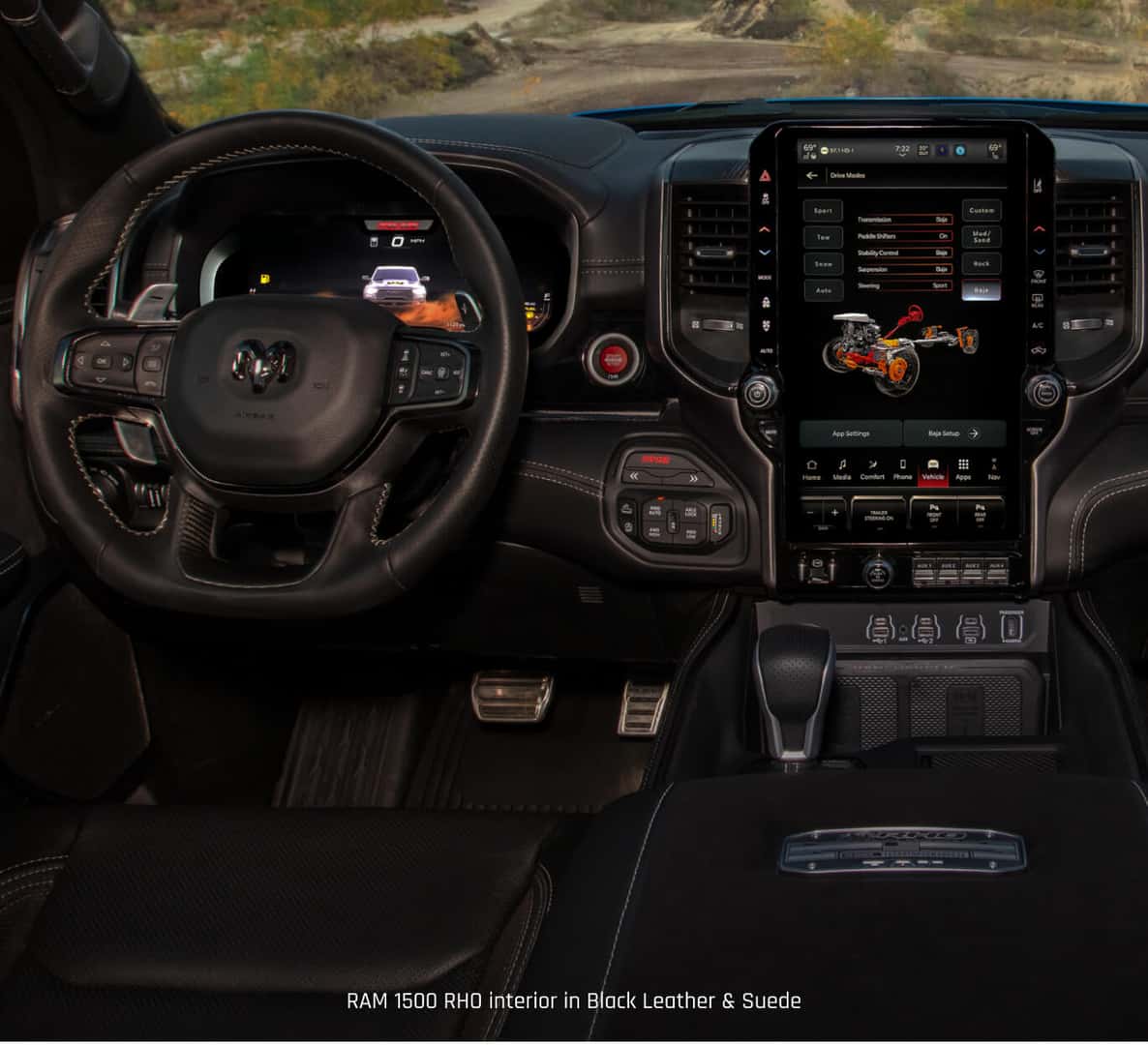 Ram 1500 RHO interior in Black Leather and Suede