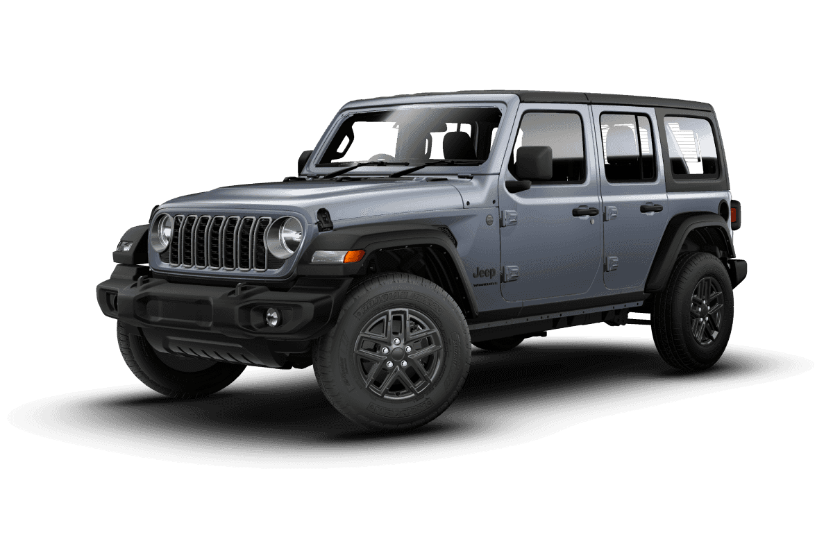 Three-quarter angle of a 2026 Jeep Wrangler 4 Door Sport in Anvil Clear Coat