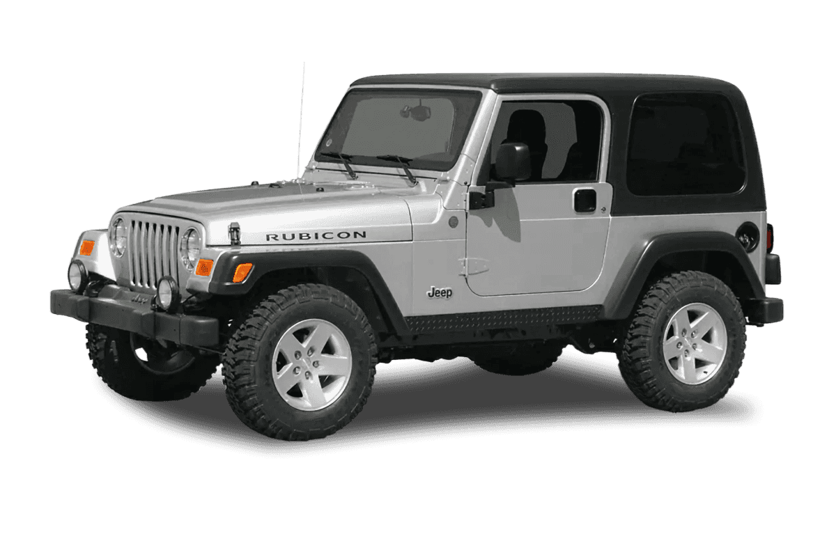 Three-quarter angle of a 2004 Jeep Wrangler Rubicon in Bright Silver Mist