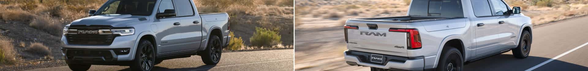 Split image showing a white Ram 1500 driving on a desert road from the front and rear with dry landscape in the background.