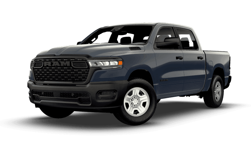 Front three-quarter studio view of a dark blue-grey RAM 1500 on a white background.