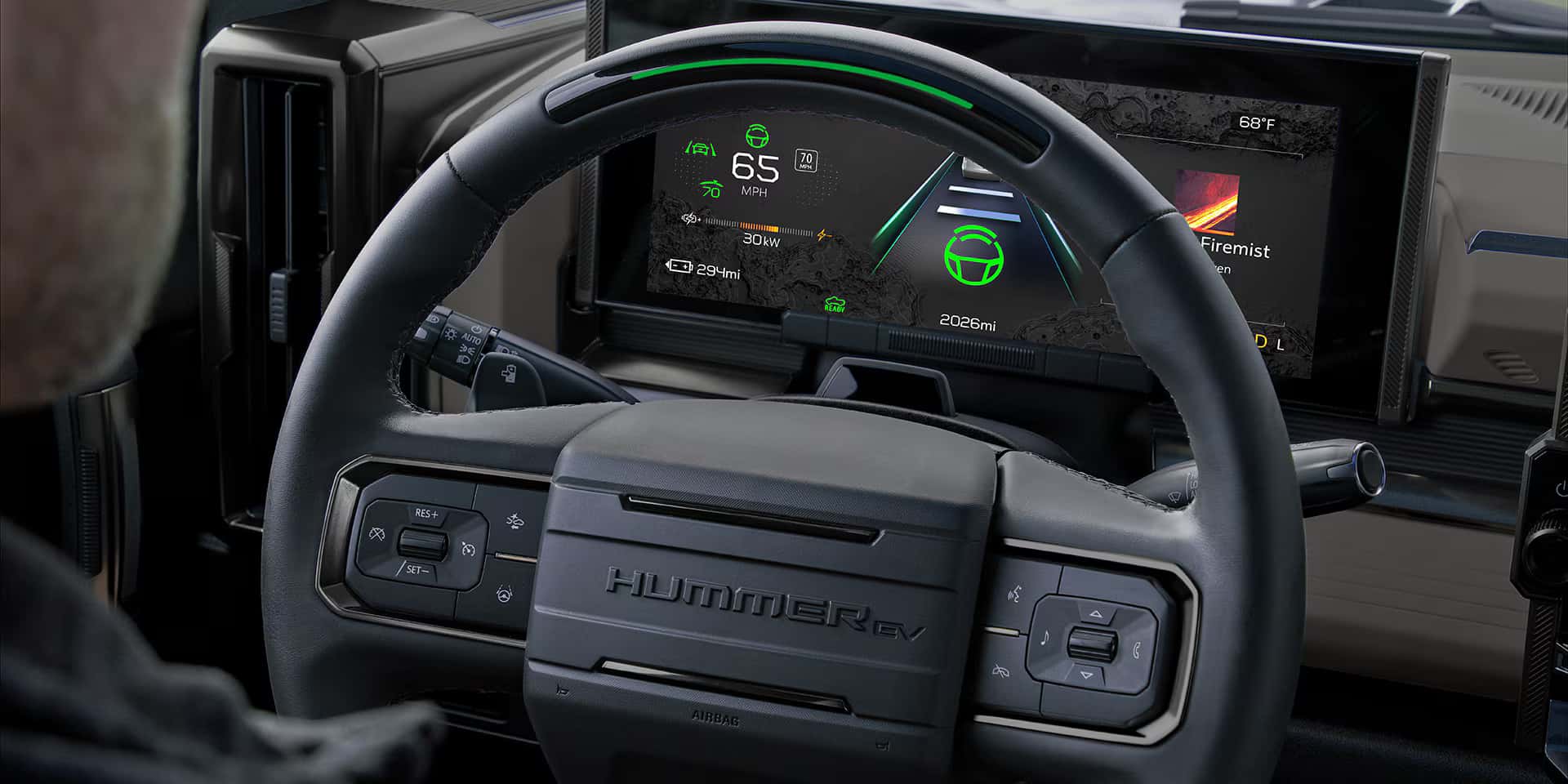 a view of the steering wheel and infotainmentsystem in the new Hummer EV Pickup