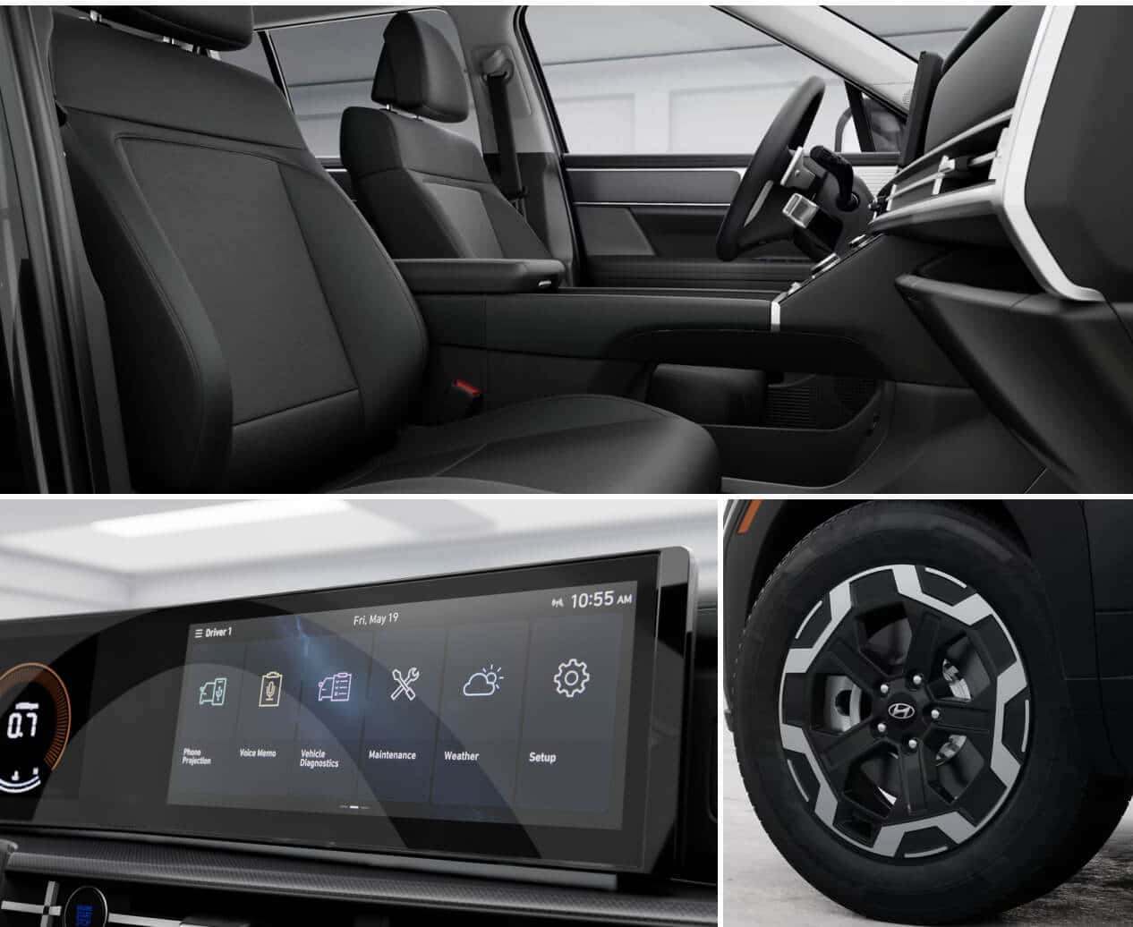 A collage of Hyundai Santa Fe SE features including cloth upholstery, alloy wheels and 12.3-inch touchscreen.