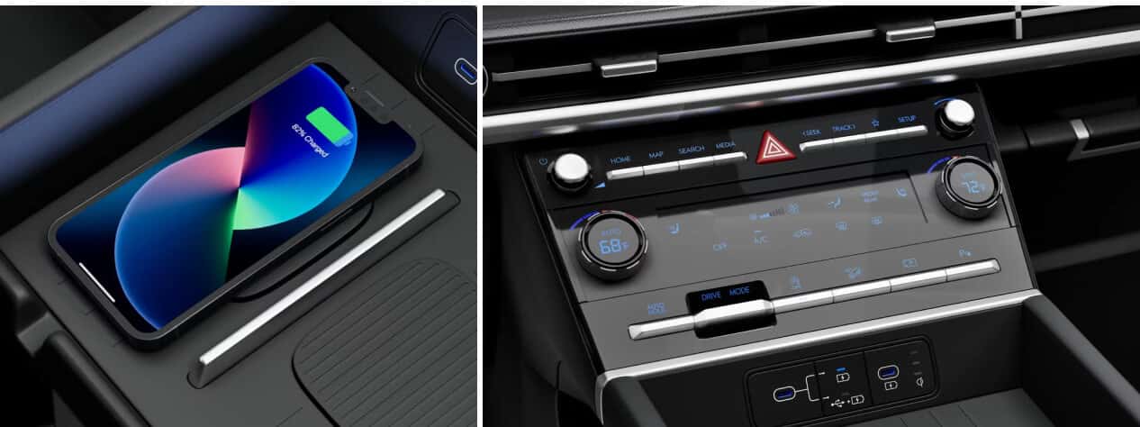 A collage of Hyundai Santa Fe SEL interior features including wireless charging and dual-zone temperature control.