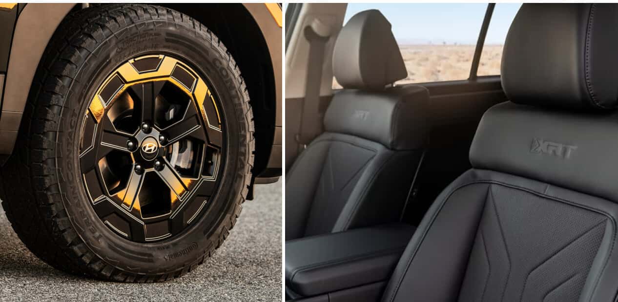 A collage of Hyundai Santa Fe XRT features including dark alloy wheels and rugged interior