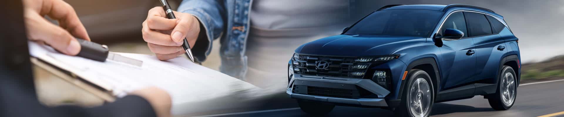 A person in a denim jacket signs a document, while a blue Hyundai Tucson SUV drives on a road.