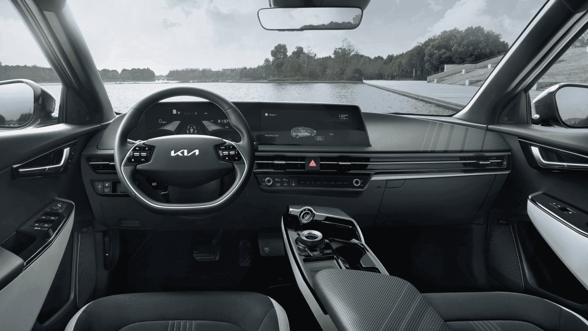 EV6 interior with panoramic dashboard and rotary gear selector