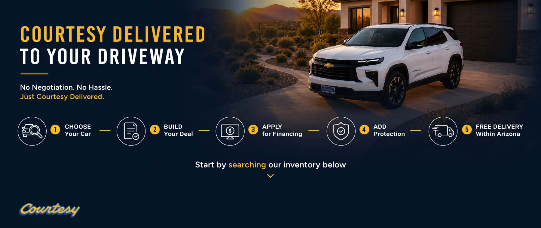 Courtesy Delivered to your driveway: choose your car, build your deal, apply for financing, add protection, free delivery within Arizona