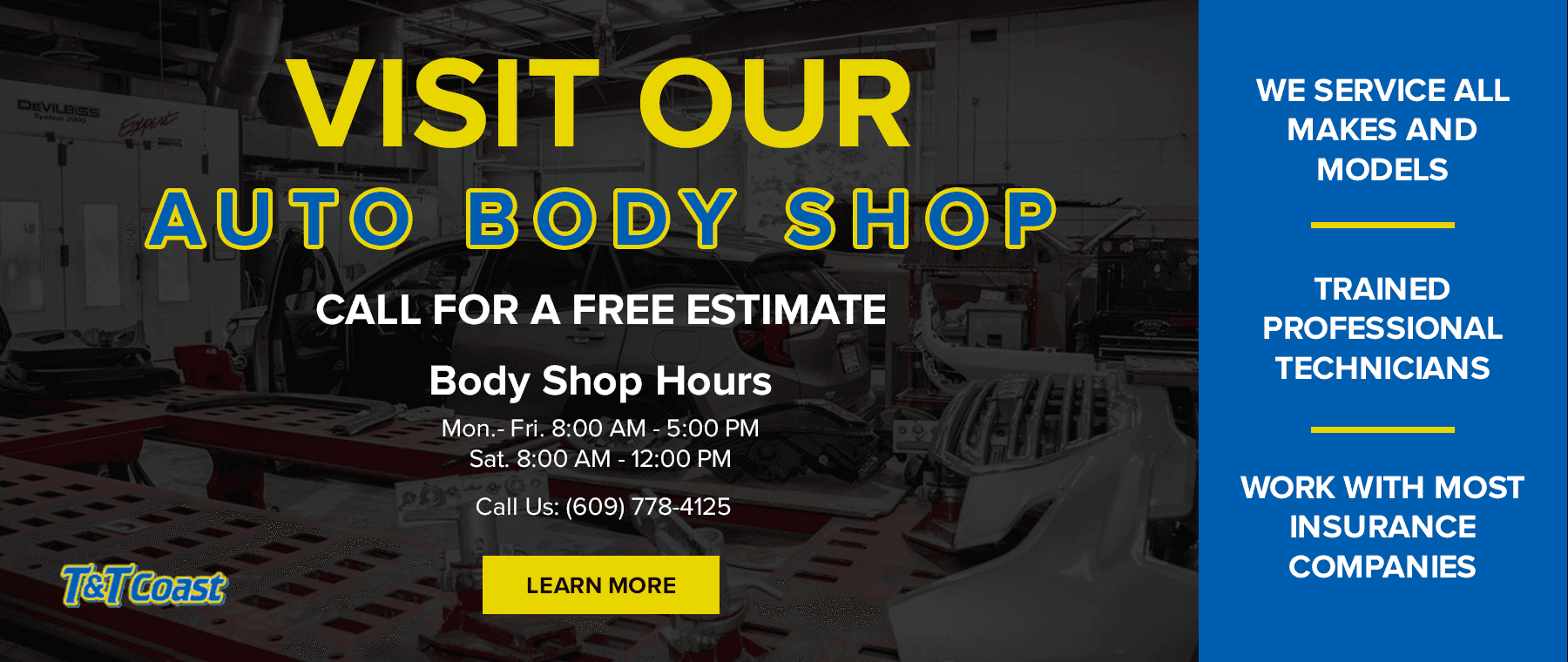 *We Service All Makes and Models *Trained Professional Technicians *Work with Most Insurance Companies *Call for a FREE estimate *Include Body Shop hours and phone number Call Us: (609) 778-4125 Hours: Mon. - Fri.: 8:00 AM - 5:00 PM Sat.: 8:00 AM - 12:00 PM