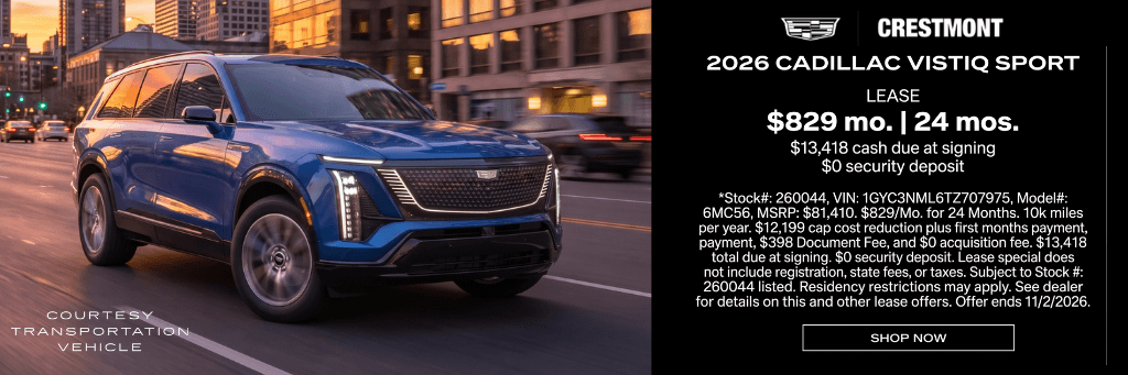 2026 Cadillac VISTIQ Sport lease special, $829 per month for 24 months, at Crestmont Cadillac in Beachwood, OH